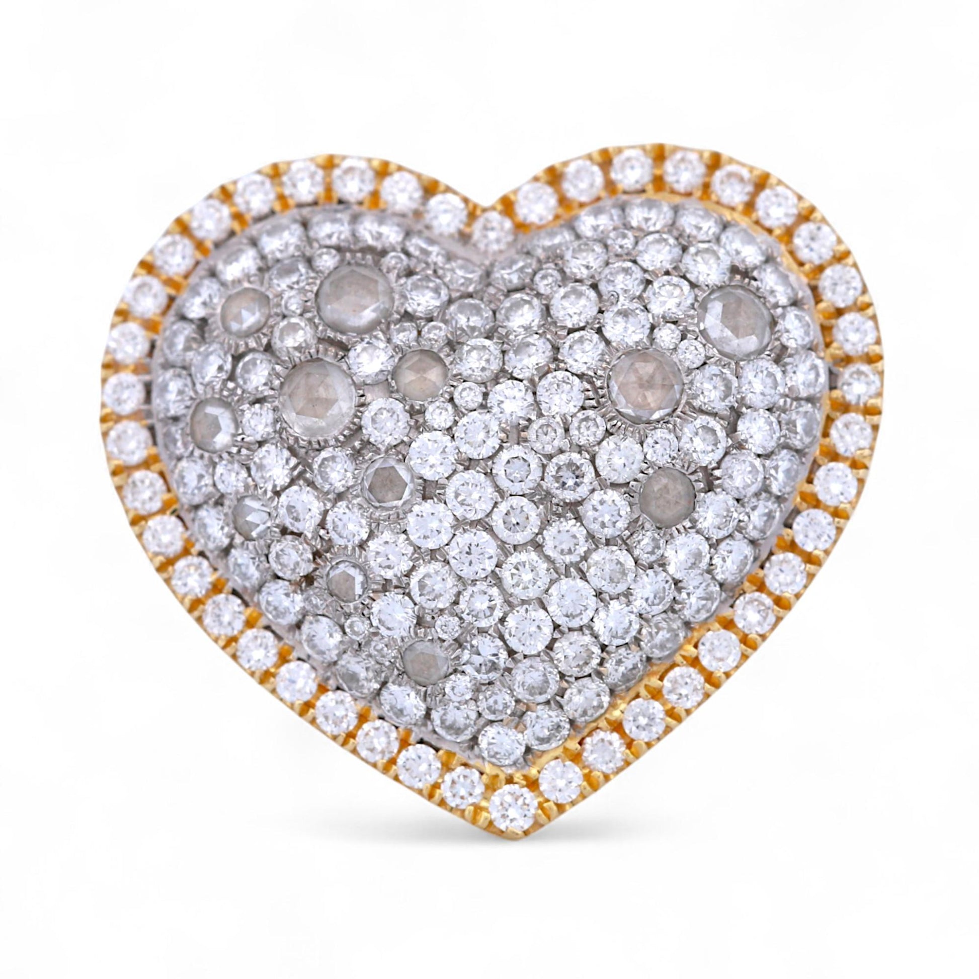 18K Yellow Gold Pave Diamond Heart Ring with Rose & Brilliant Cuts – 3.11ctw