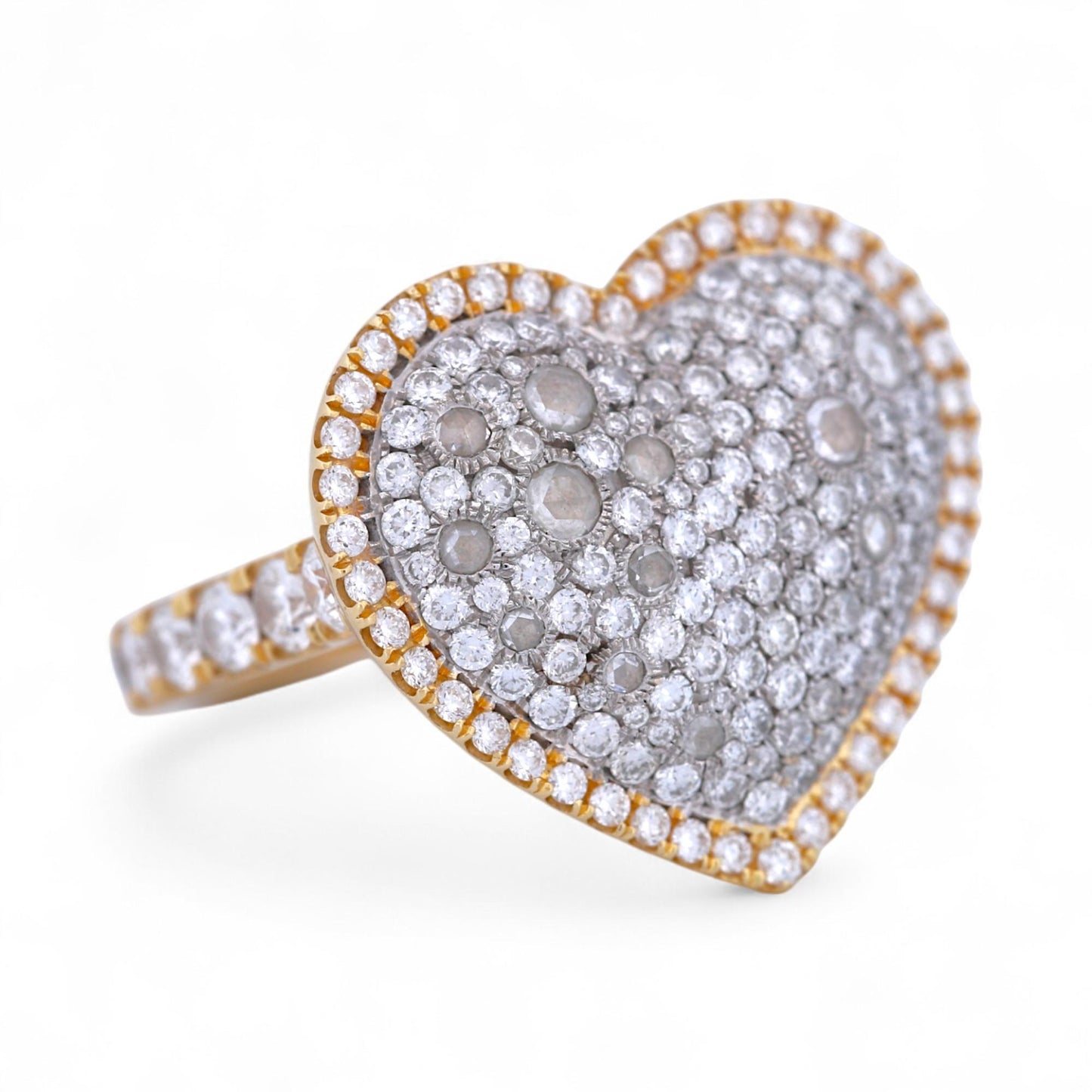 18K Yellow Gold Pave Diamond Heart Ring with Rose & Brilliant Cuts – 3.11ctw
