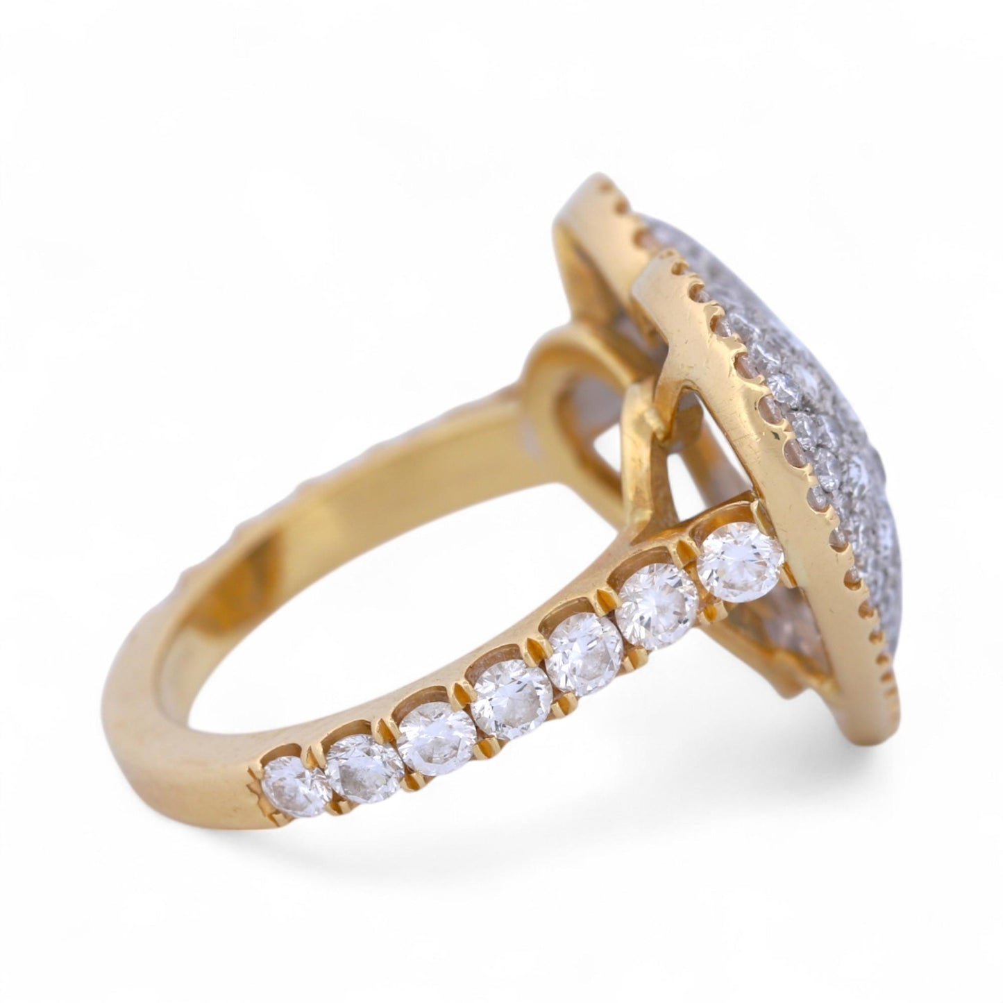 18K Yellow Gold Pave Diamond Heart Ring with Rose & Brilliant Cuts – 3.11ctw