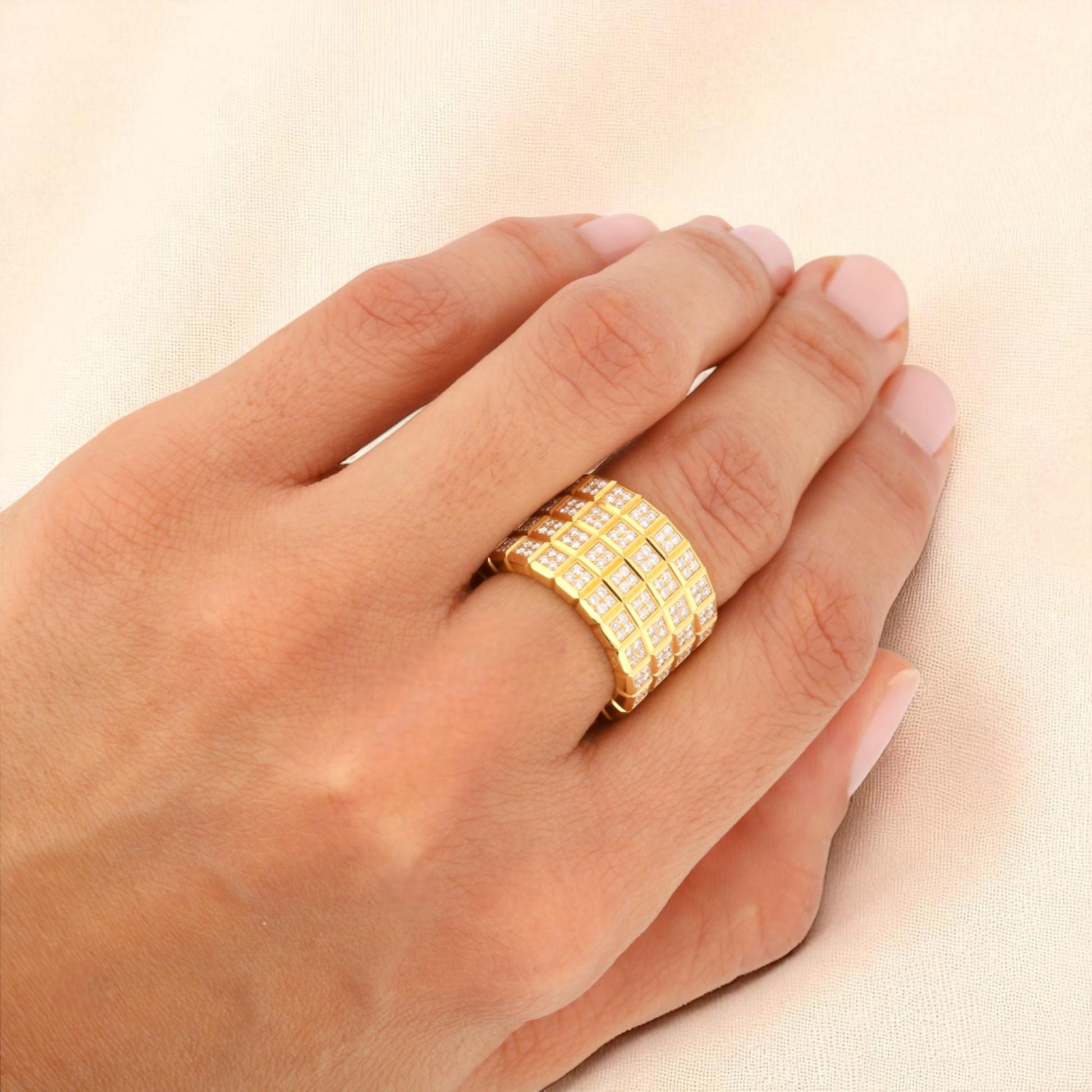 Rare Chopard Ice Cube 4-Row Pavé Diamond Ring in 18K Yellow Gold – Size 7.5