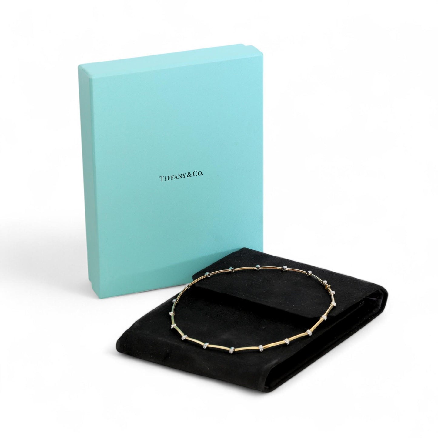 Tiffany & Co. 18K Gold & Platinum Diamond Bezel Collar Necklace 15.5 in