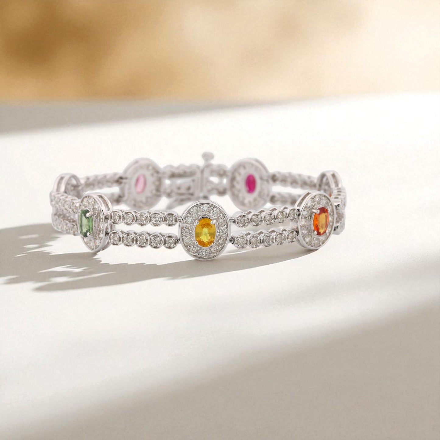 14K White Gold Multi-Color Sapphire & Diamond Pavé Link Bracelet 7.5 in