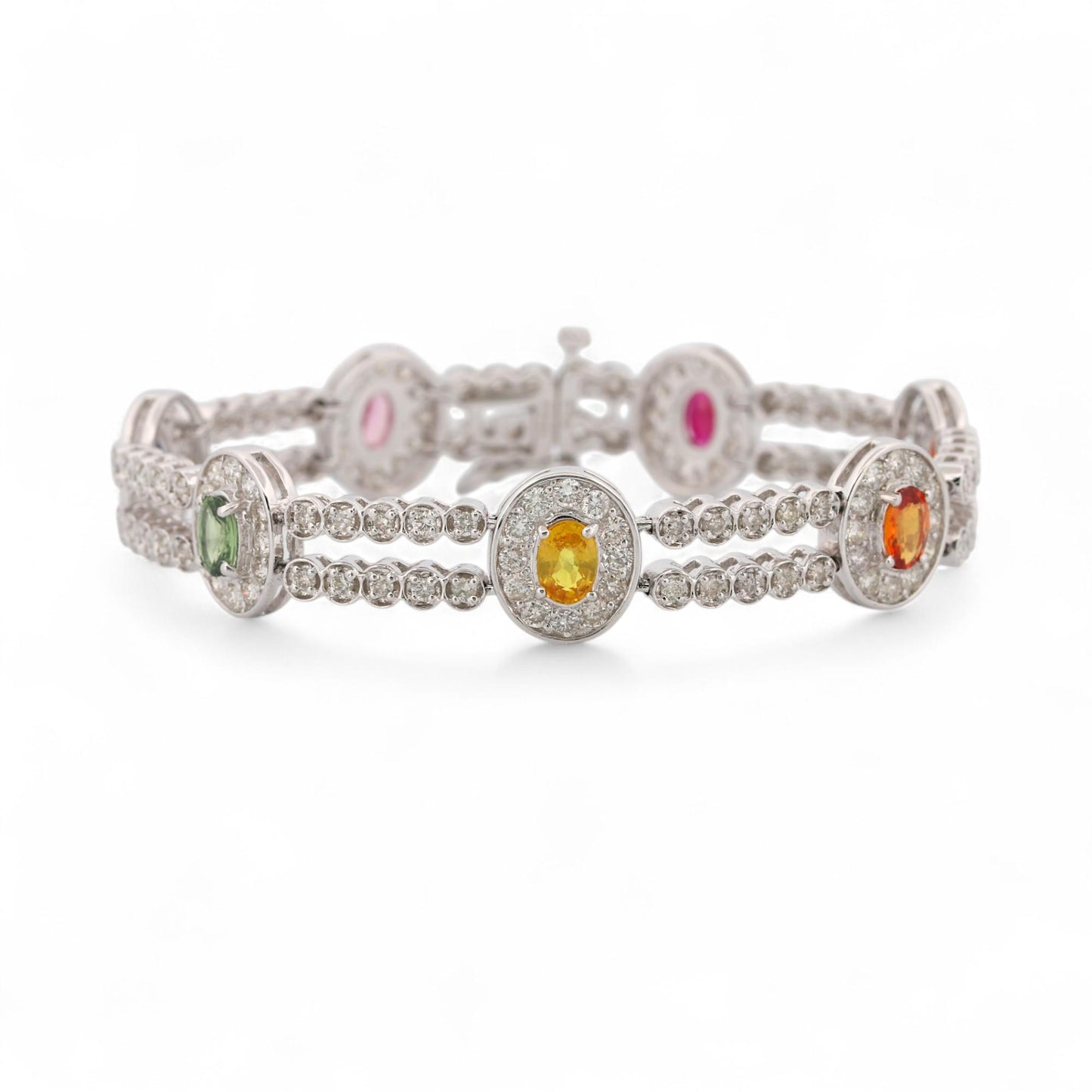 14K White Gold Multi-Color Sapphire & Diamond Pavé Link Bracelet 7.5 in