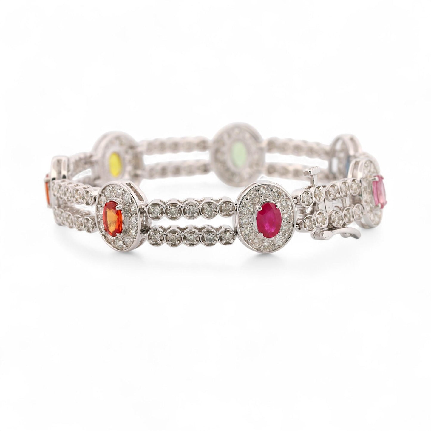 14K White Gold Multi-Color Sapphire & Diamond Pavé Link Bracelet 7.5 in