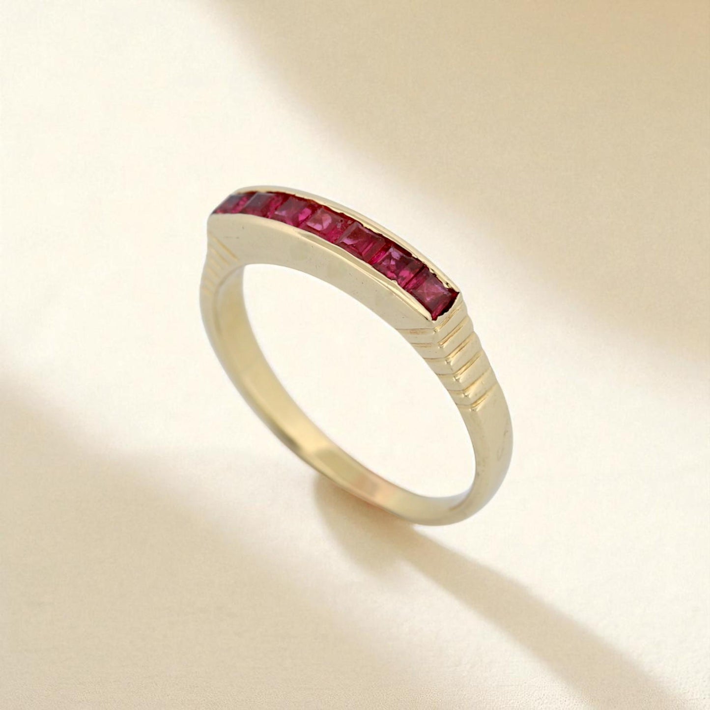 Retro 14K Yellow Gold Princess Ruby Channel Band Ring Size 6.25