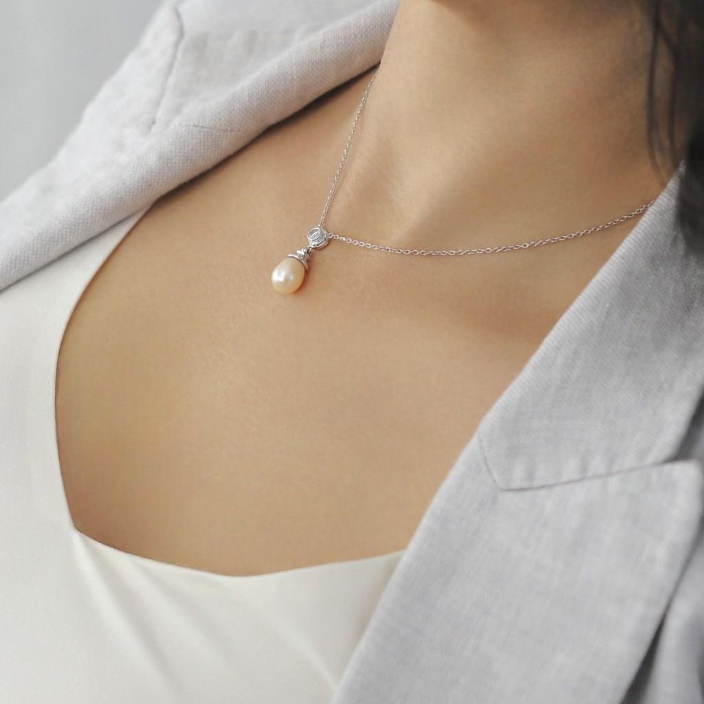 Natural Pearl & Diamond Drop Pendant Necklace in 14k White Gold