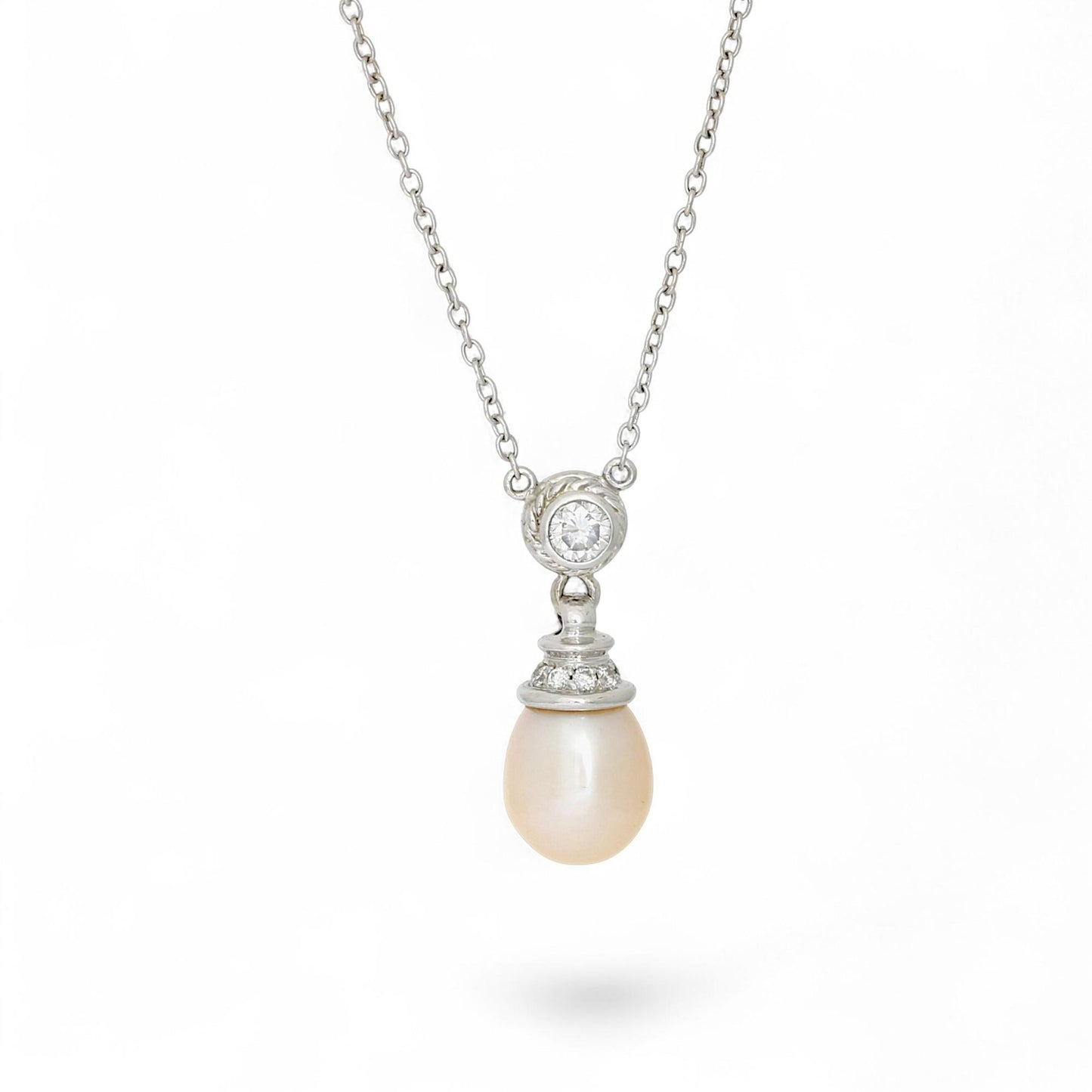 Natural Pearl & Diamond Drop Pendant Necklace in 14k White Gold
