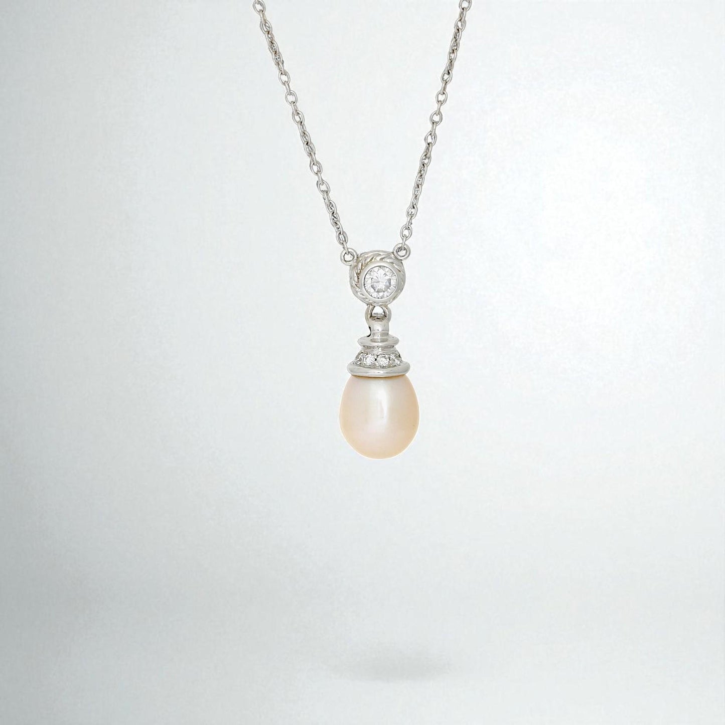 Natural Pearl & Diamond Drop Pendant Necklace in 14k White Gold