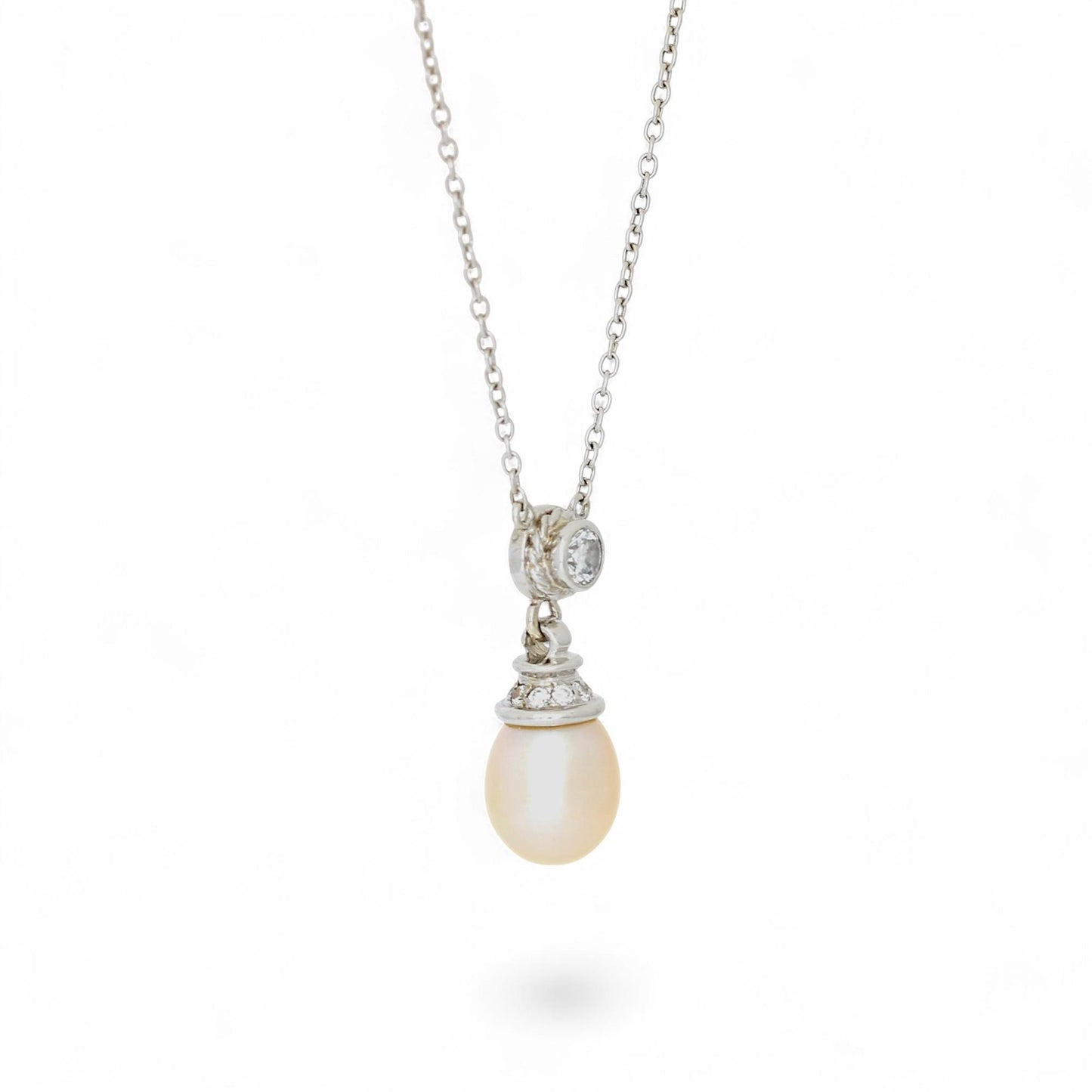 Natural Pearl & Diamond Drop Pendant Necklace in 14k White Gold