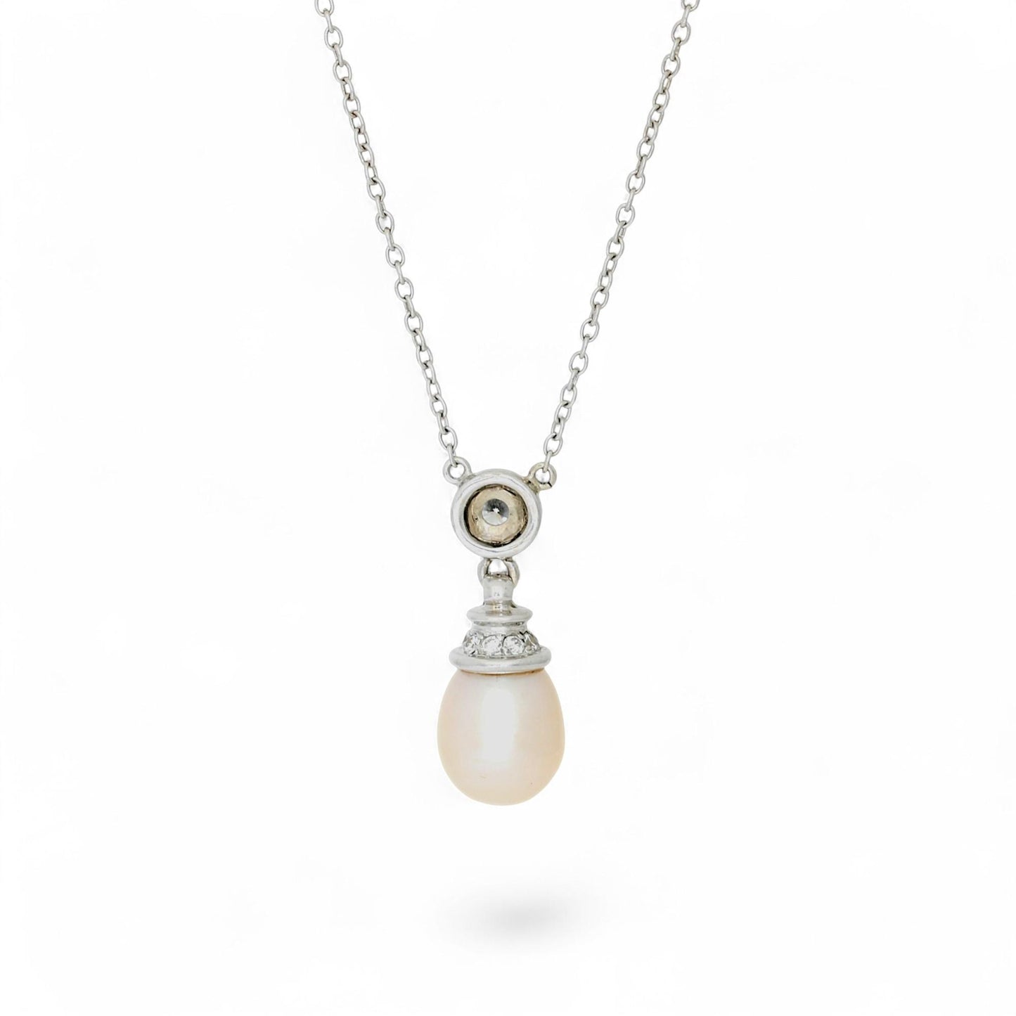 Natural Pearl & Diamond Drop Pendant Necklace in 14k White Gold
