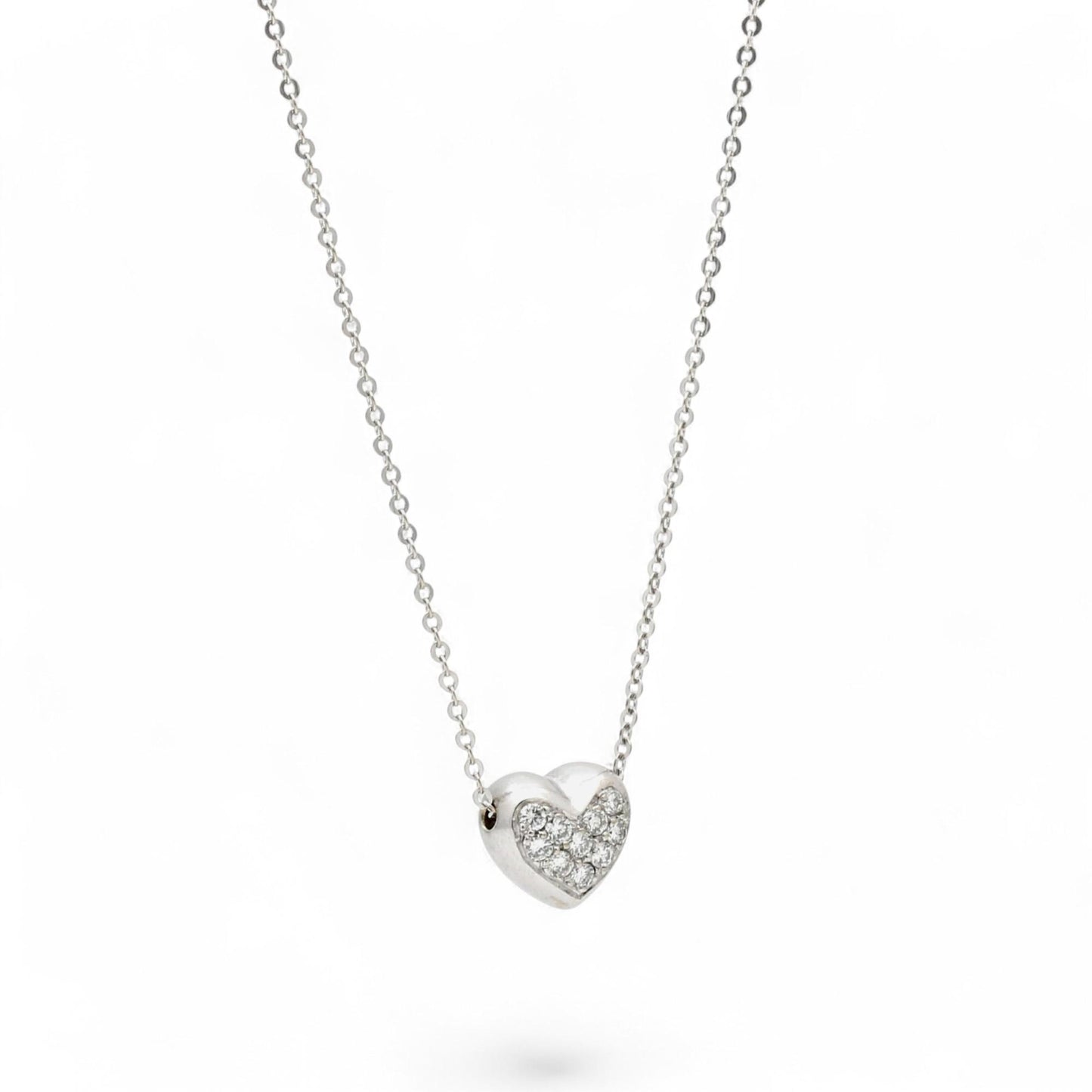 14k White Gold Puff Heart Diamond Pendant Necklace 0.30ct 16" Italian