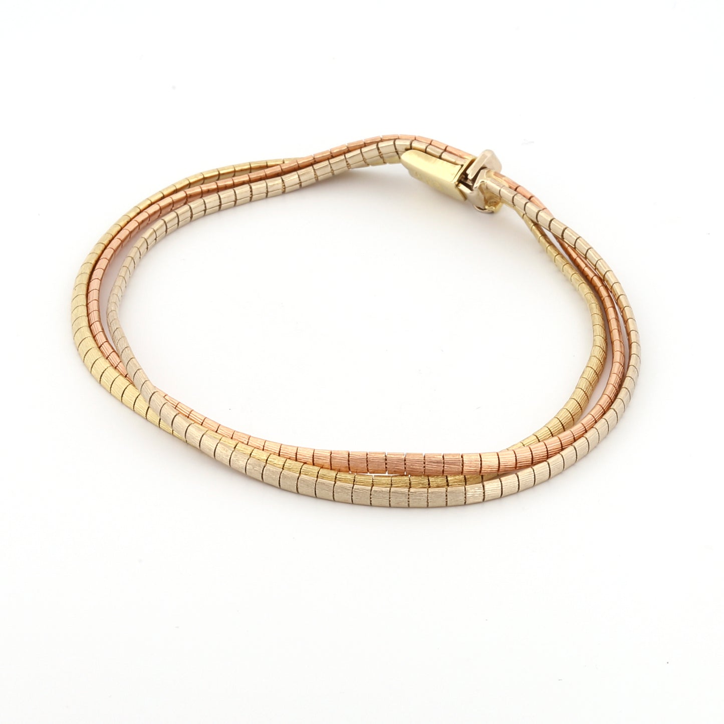 Pulsera vintage de textura de múltiples hilos de oro tricolor de 14k