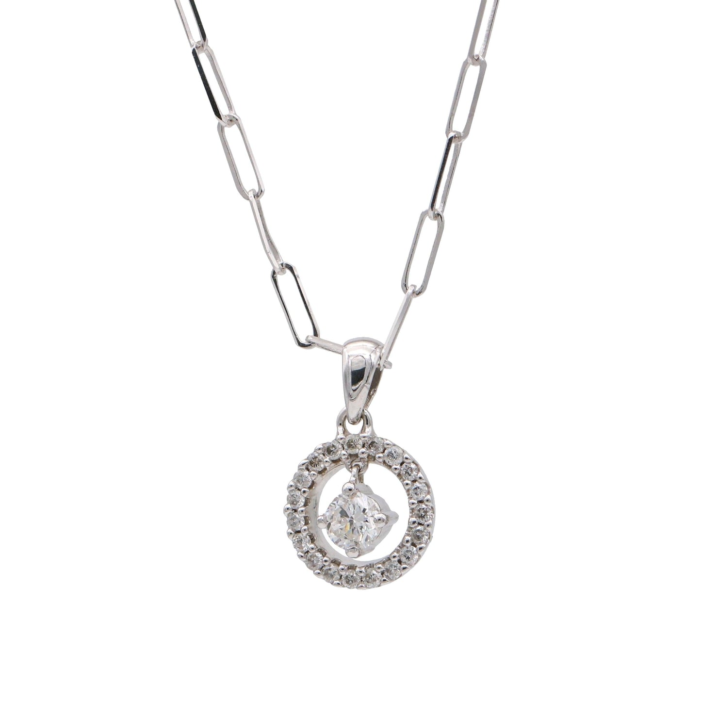 Diamond Round Dangling Pendant on Paperclip Chain in 14k White Gold 0.75 cttw - 31 Jewels Inc.