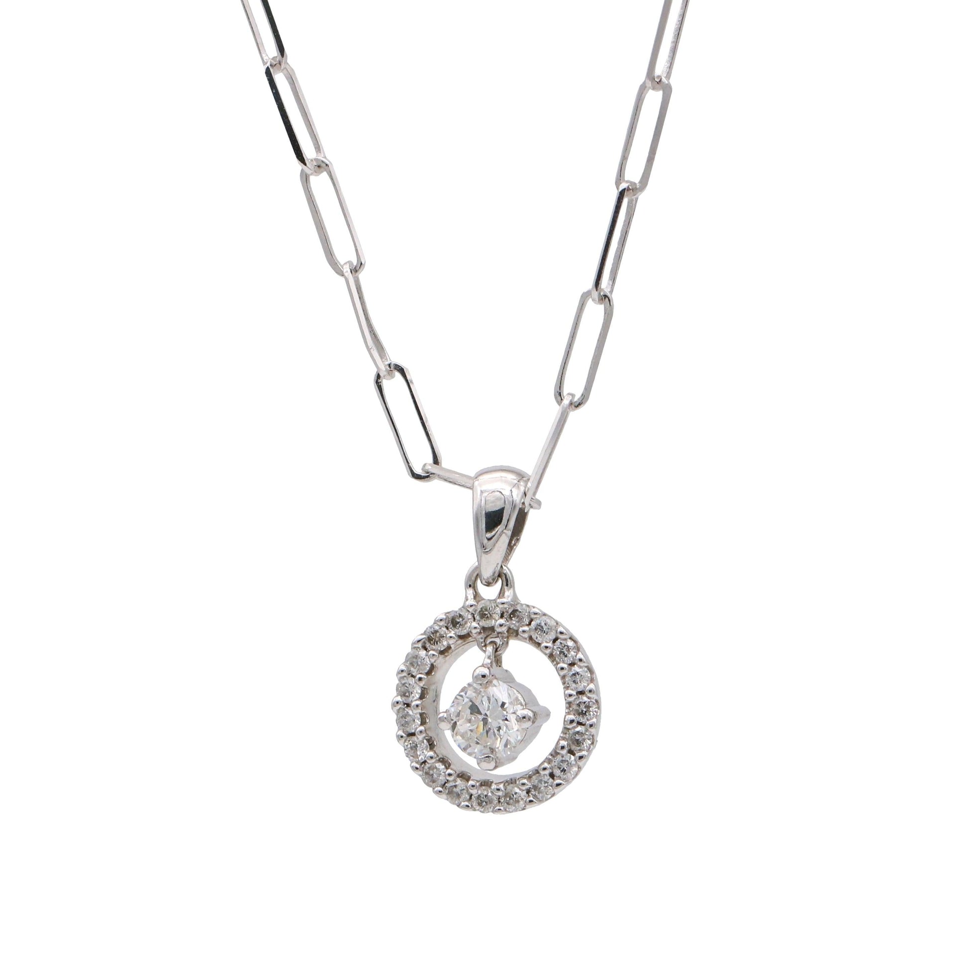Diamond Round Dangling Pendant on Paperclip Chain in 14k White Gold 0.75 cttw - 31 Jewels Inc.