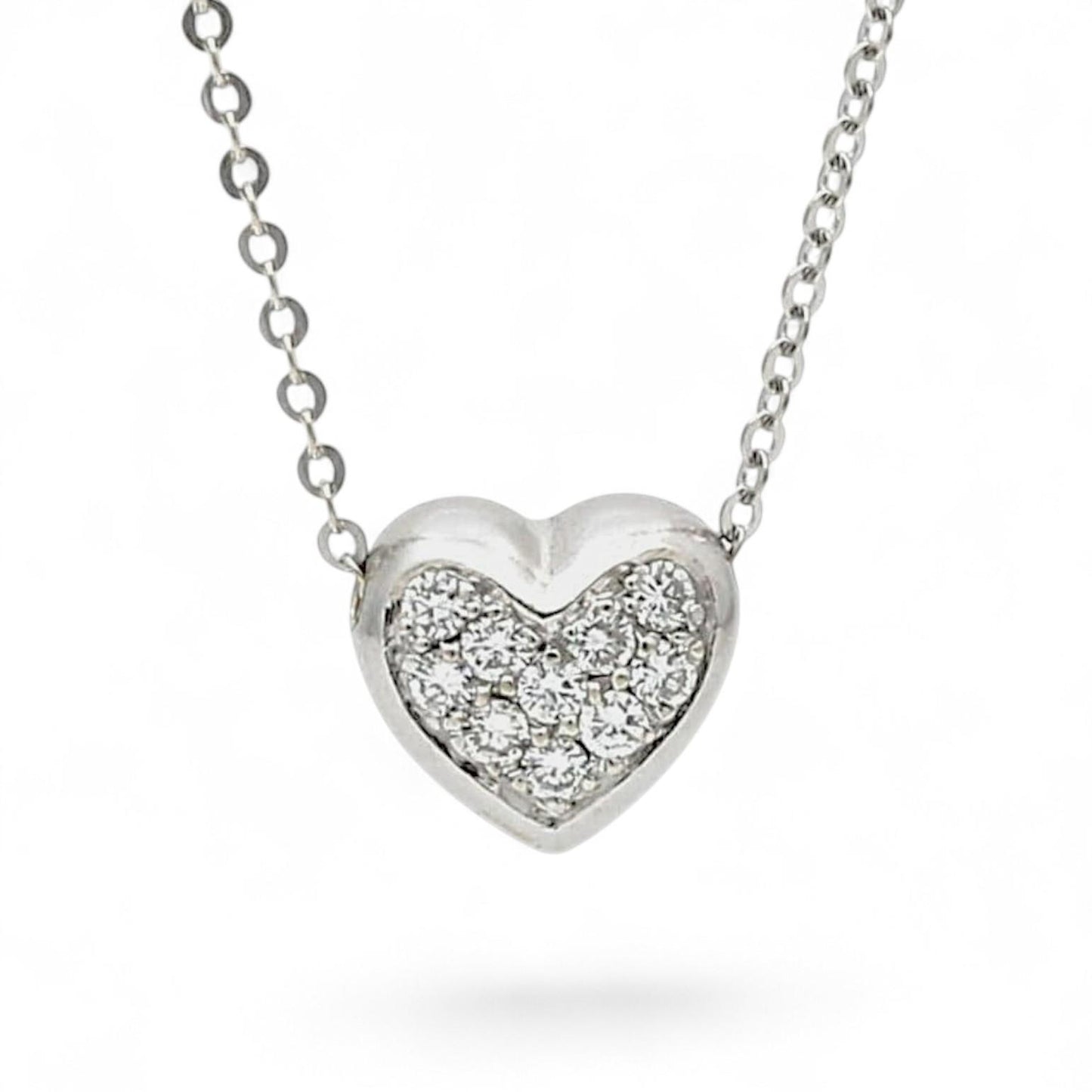 14k White Gold Puff Heart Diamond Pendant Necklace 0.30ct 16" Italian