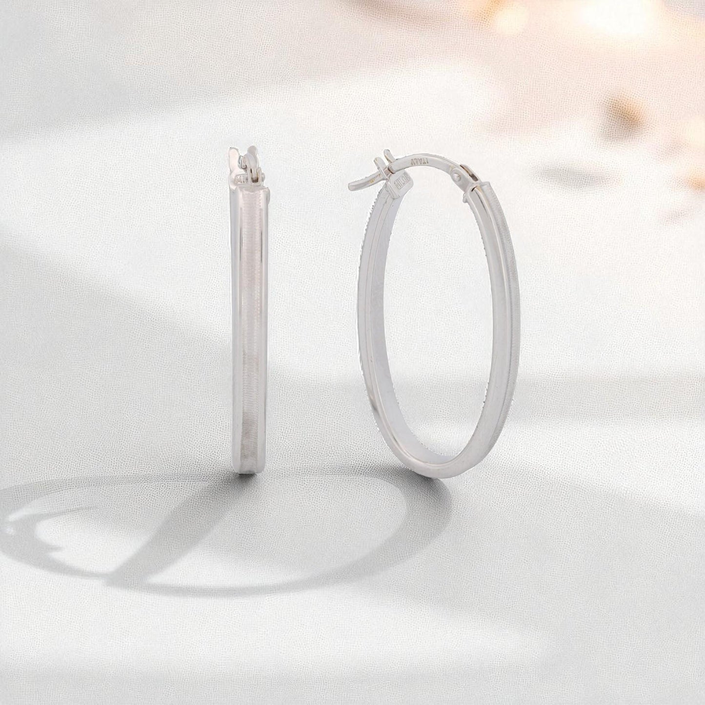 Milor Italian 18K White Gold Concave Oval Hoop Earrings 28 mm 1.8 g