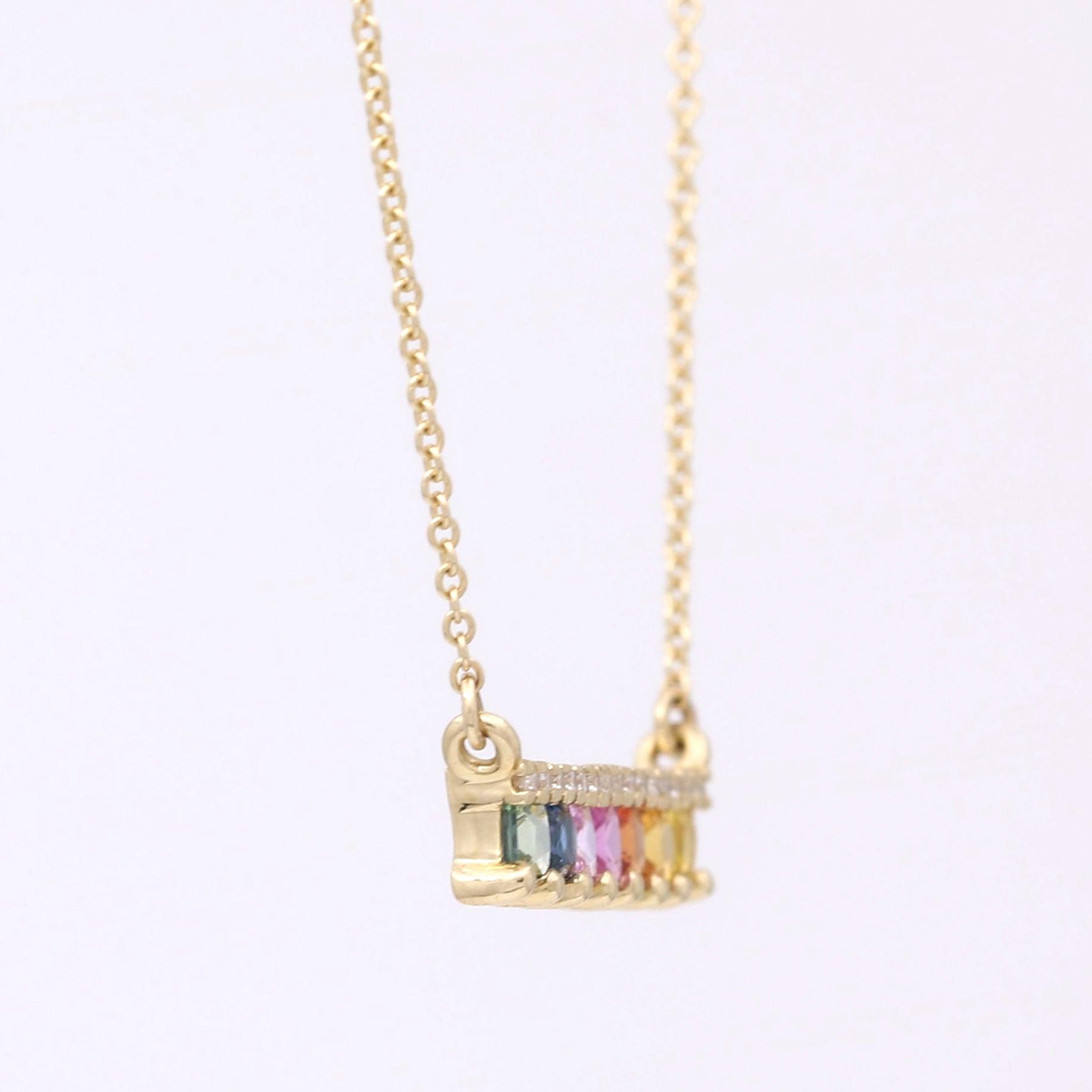 Meira T Diamond Rainbow Sapphire Bar Necklace in 14k Rose Gold - 31 Jewels Inc.