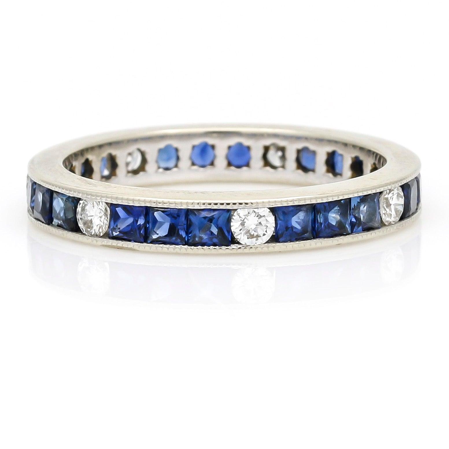 Women's Blue Sapphire Diamond Channel Set Anniversary Band 18k White Gold Ring - 31 Jewels Inc.