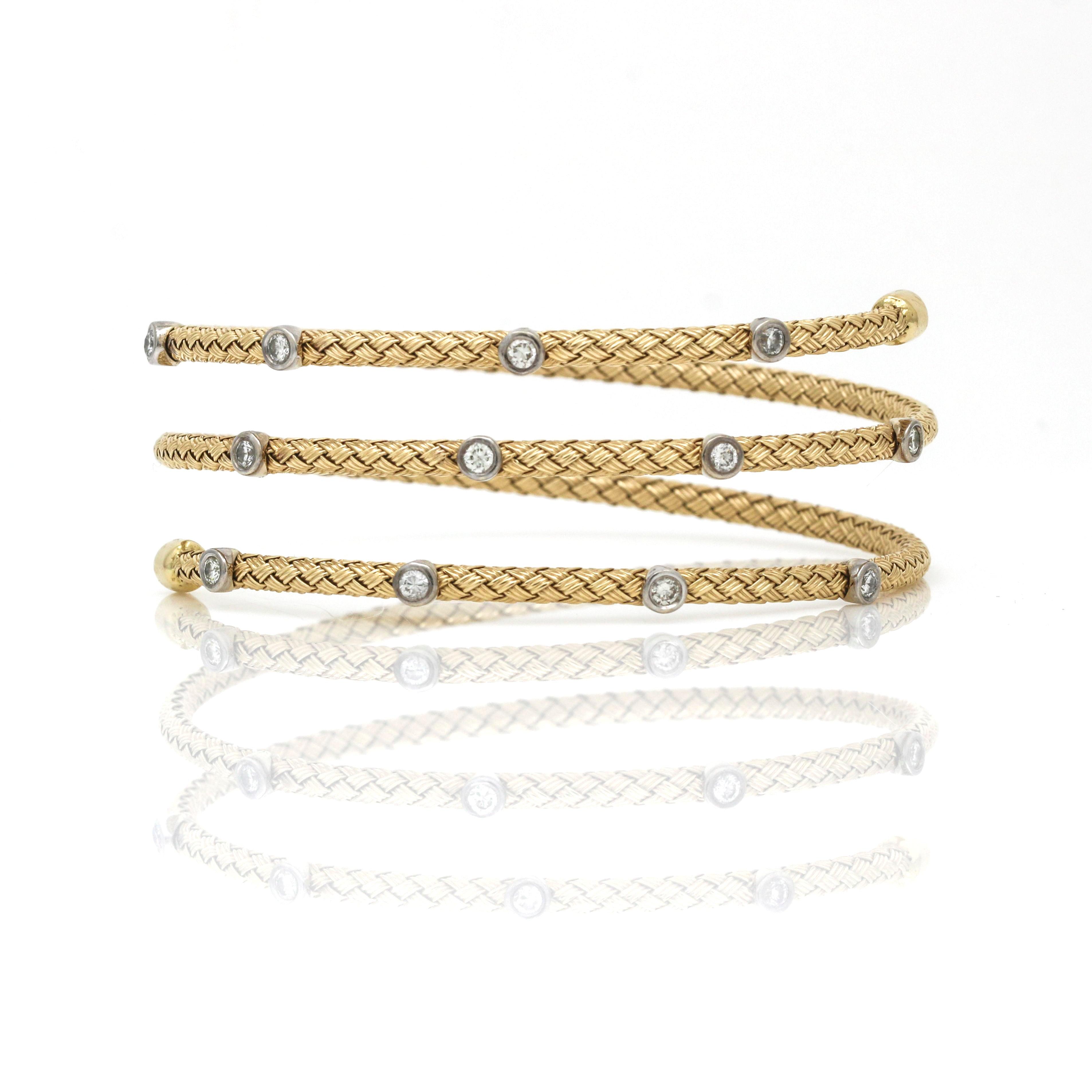 18k Italian yellow gold coil weaved bracelet with FINE diamonds