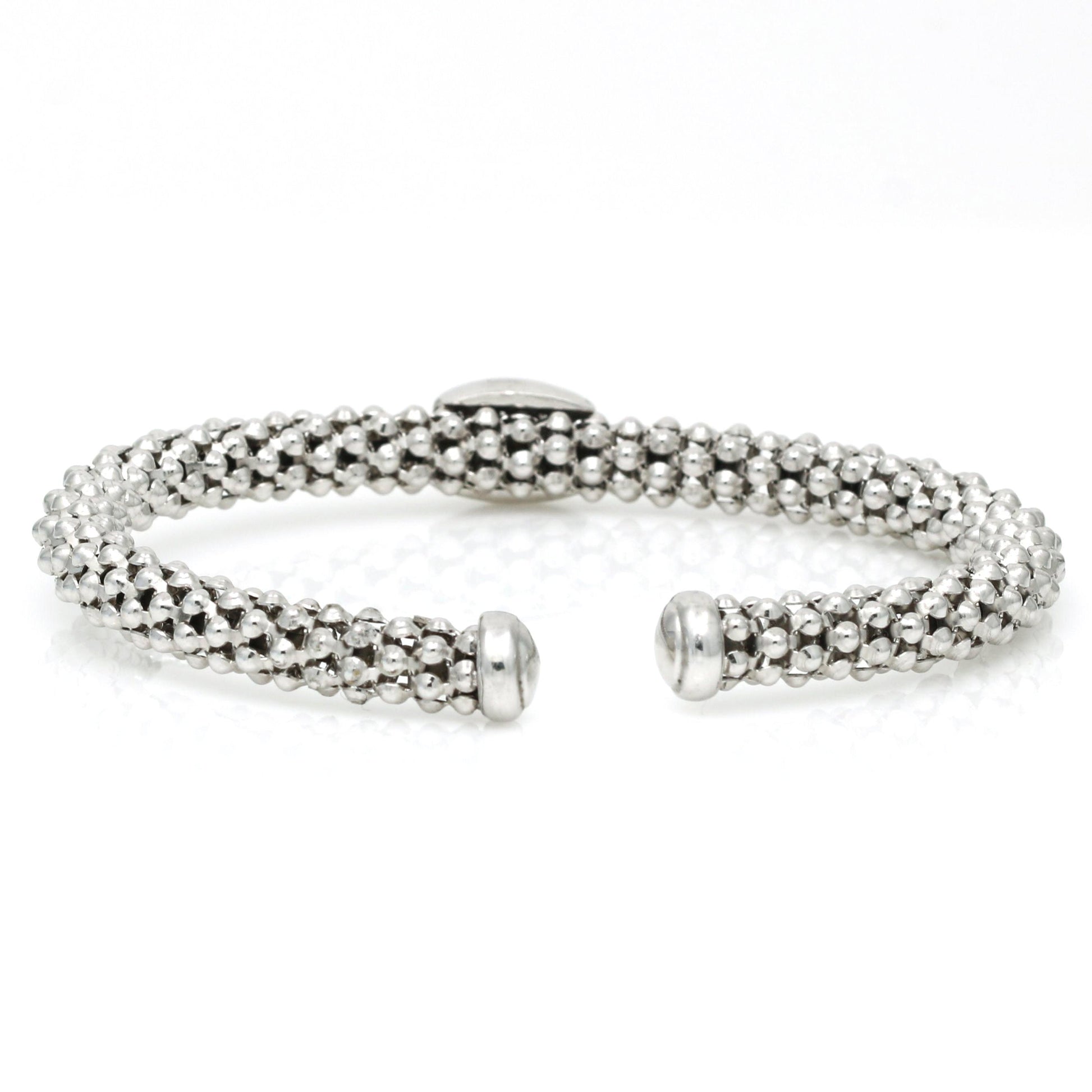 Women's Pave Diamond Station Beaded Textured Cuff Bracelet 14k White Gold - 31 Jewels Inc.