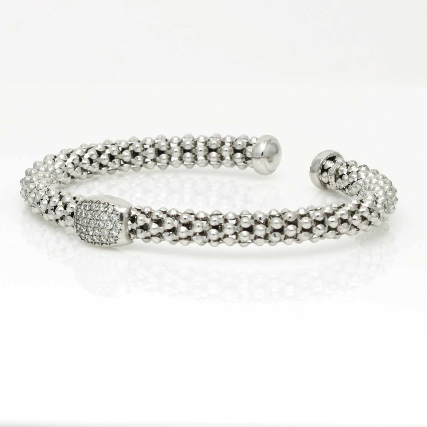 Women's Pave Diamond Station Beaded Textured Cuff Bracelet 14k White Gold - 31 Jewels Inc.
