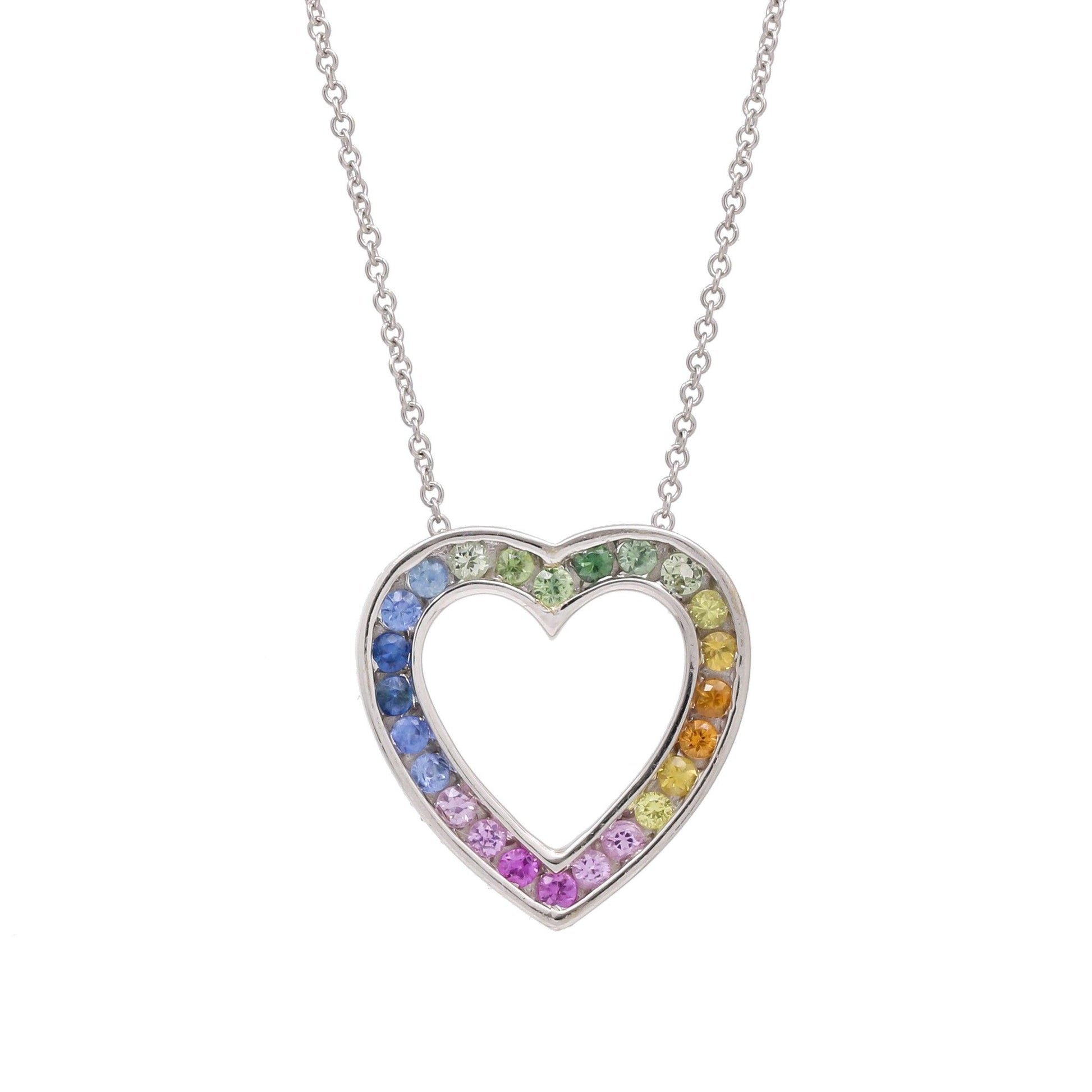 Women's Rainbow Sapphire Heart Pendant Necklace in 14k White Gold - 31 Jewels Inc.