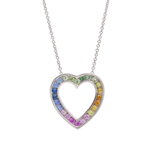 Women's Rainbow Sapphire Heart Pendant Necklace in 14k White Gold - 31 Jewels Inc.