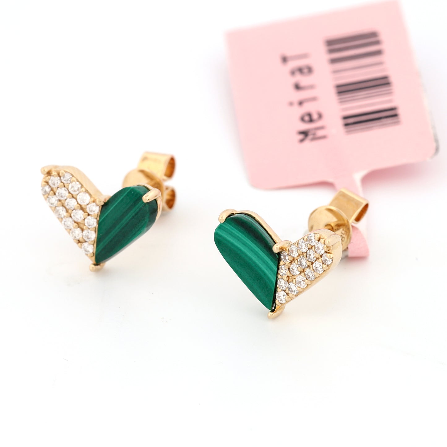 Meira T Malachite Diamond Heart Stud Earrings in 14k Yellow Gold