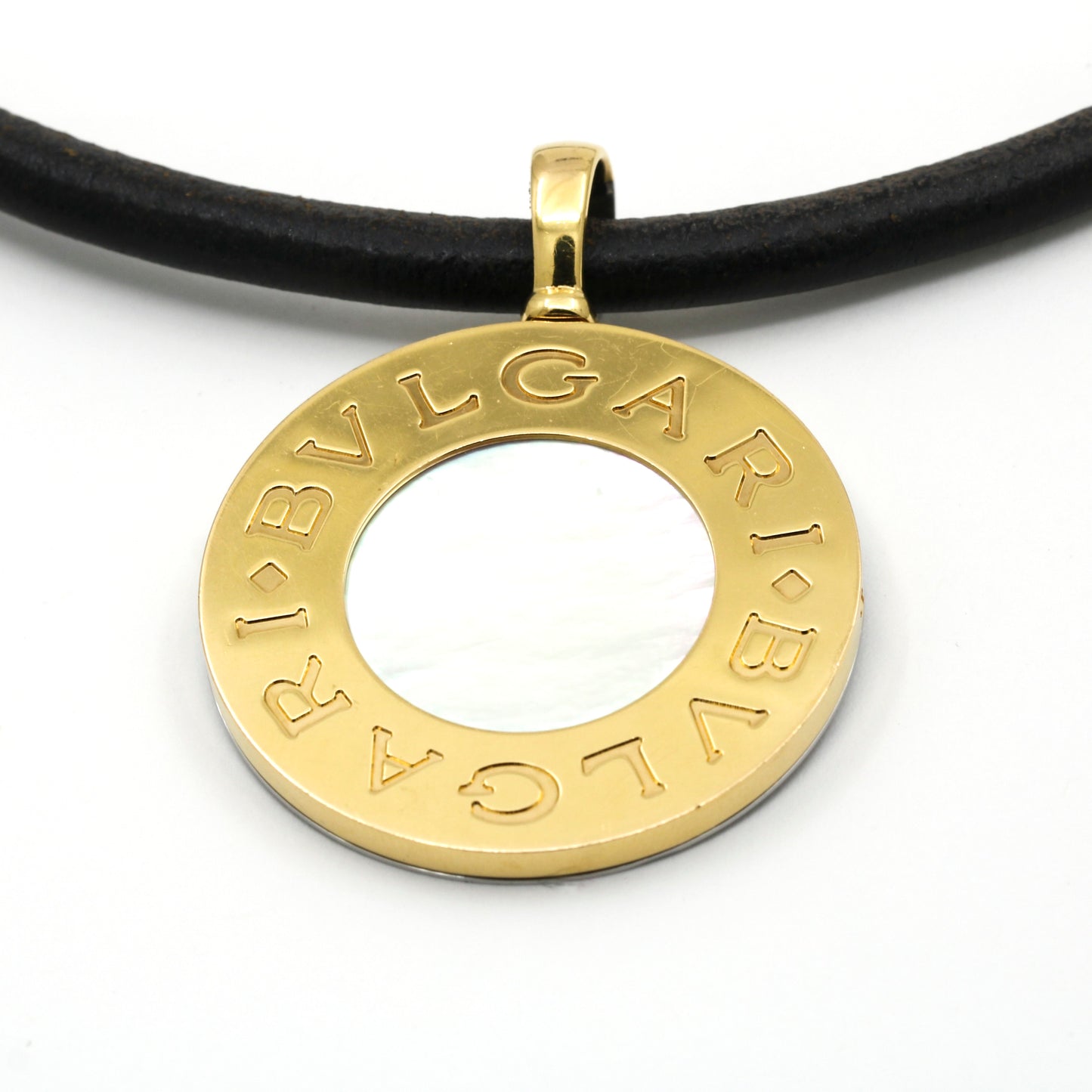 Bulgari Bulgari Reversible Pendant Leather Necklace MOP/Onyx Steel 18k Gold
