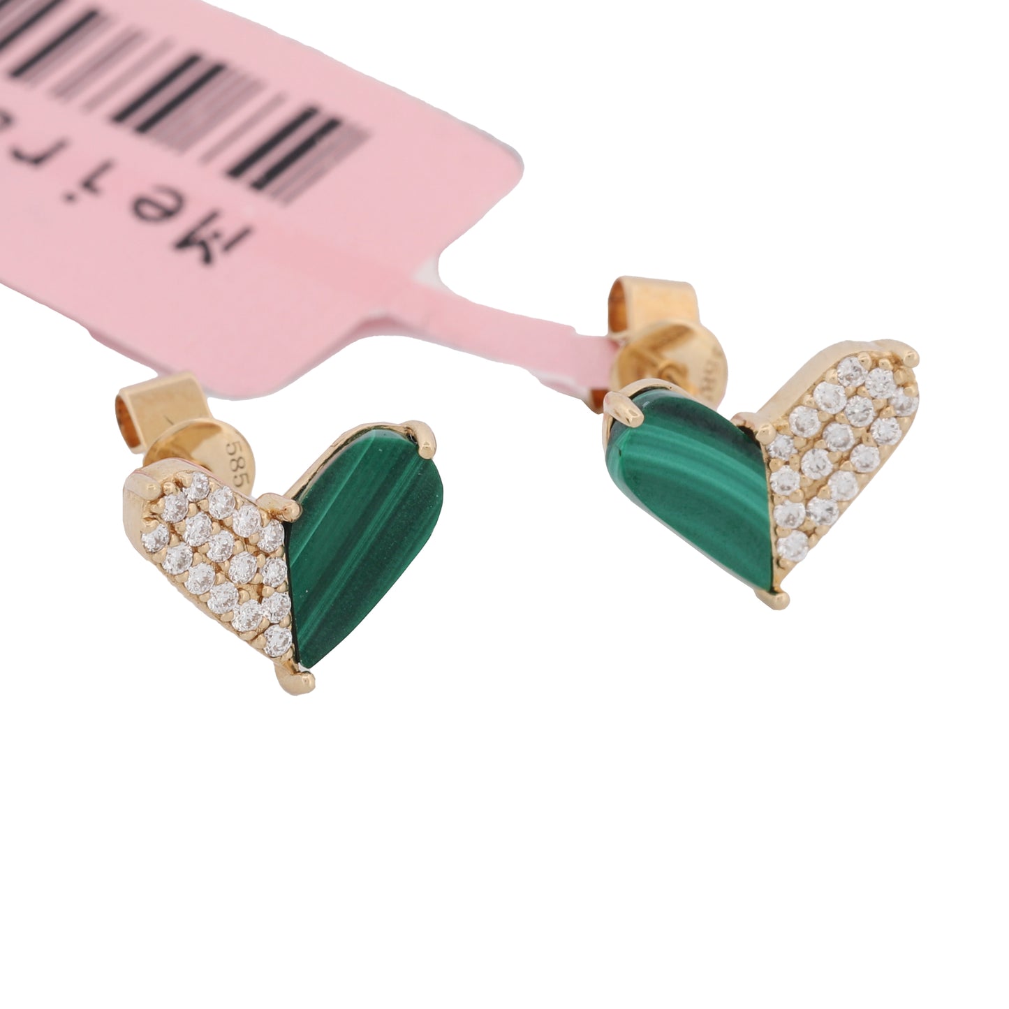 Meira T Malachite Diamond Heart Stud Earrings in 14k Yellow Gold