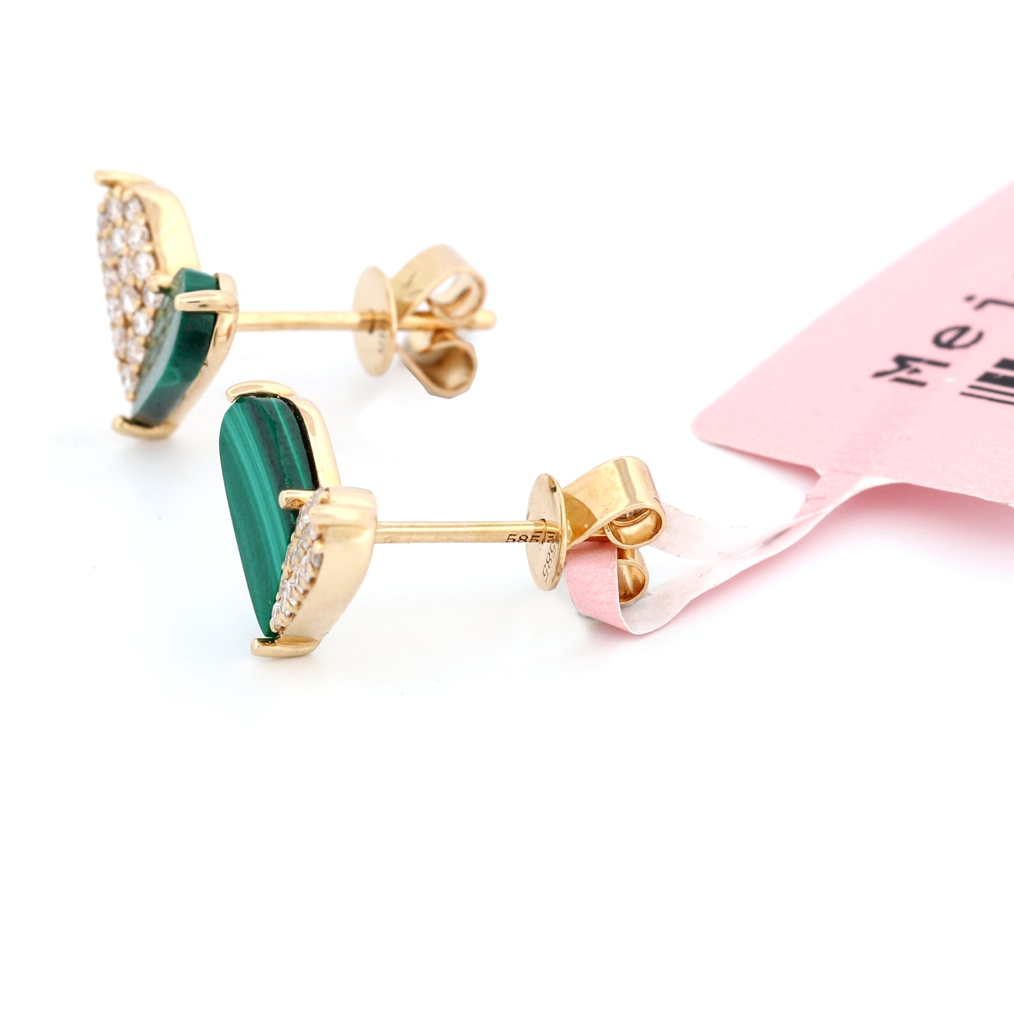 Meira T Malachite Diamond Heart Stud Earrings in 14k Yellow Gold