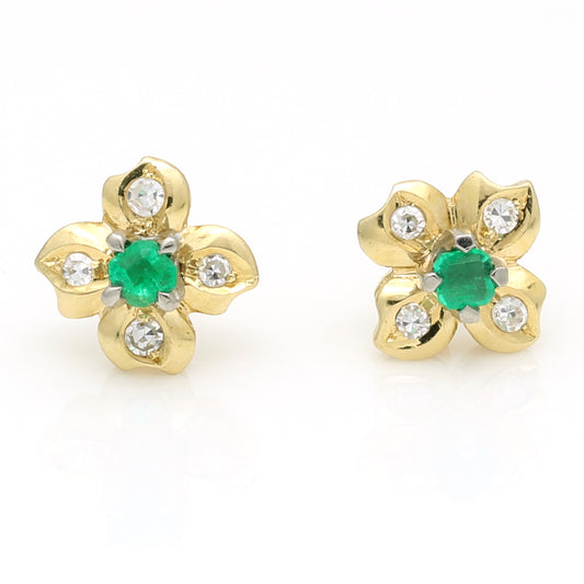 Vintage Emerald Diamond Four Petal Flower Stud Earrings - 18k Yellow Gold