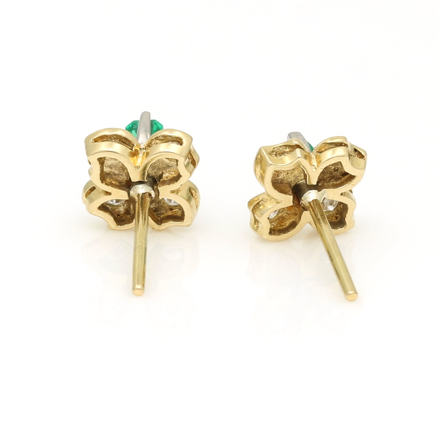 Aretes vintage con forma de flor de cuatro pétalos y diamantes esmeralda - Oro amarillo de 18 k