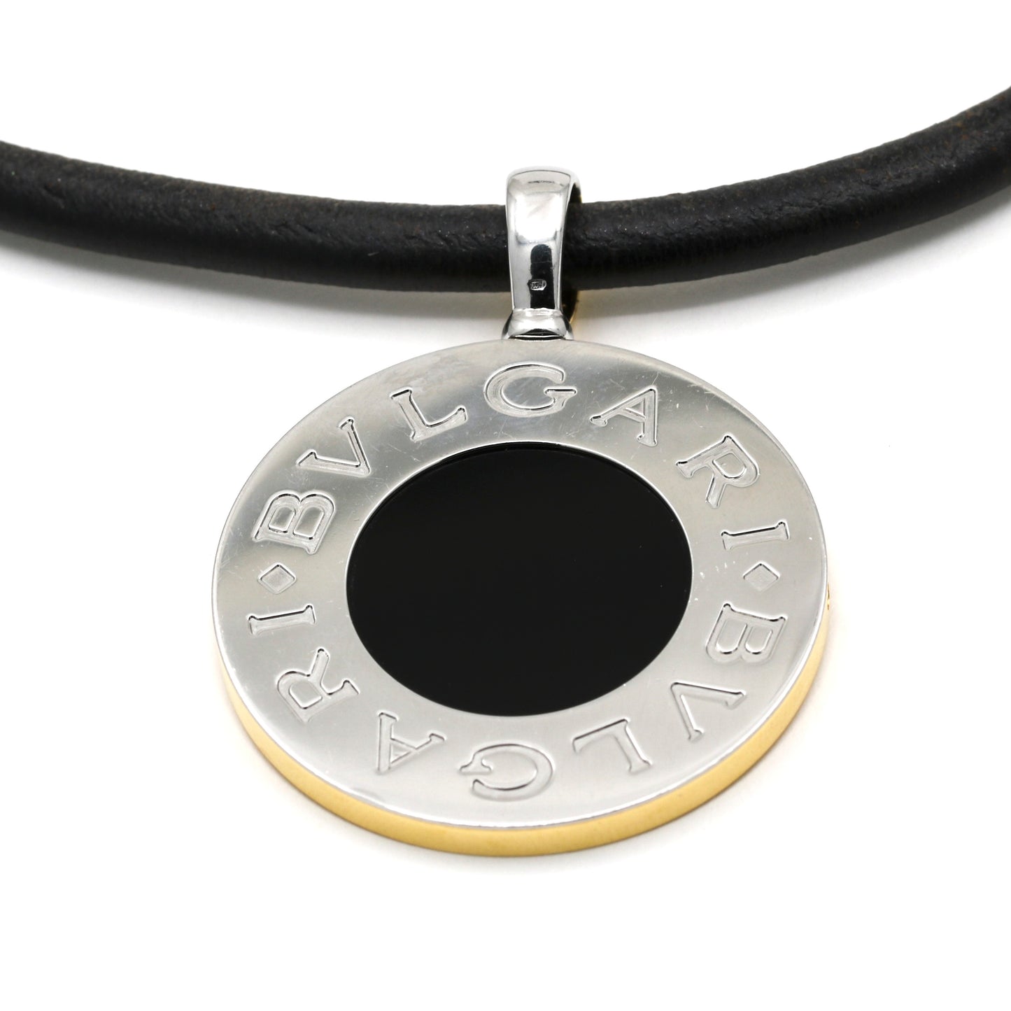 Bulgari Bulgari Reversible Pendant Leather Necklace MOP/Onyx Steel 18k Gold