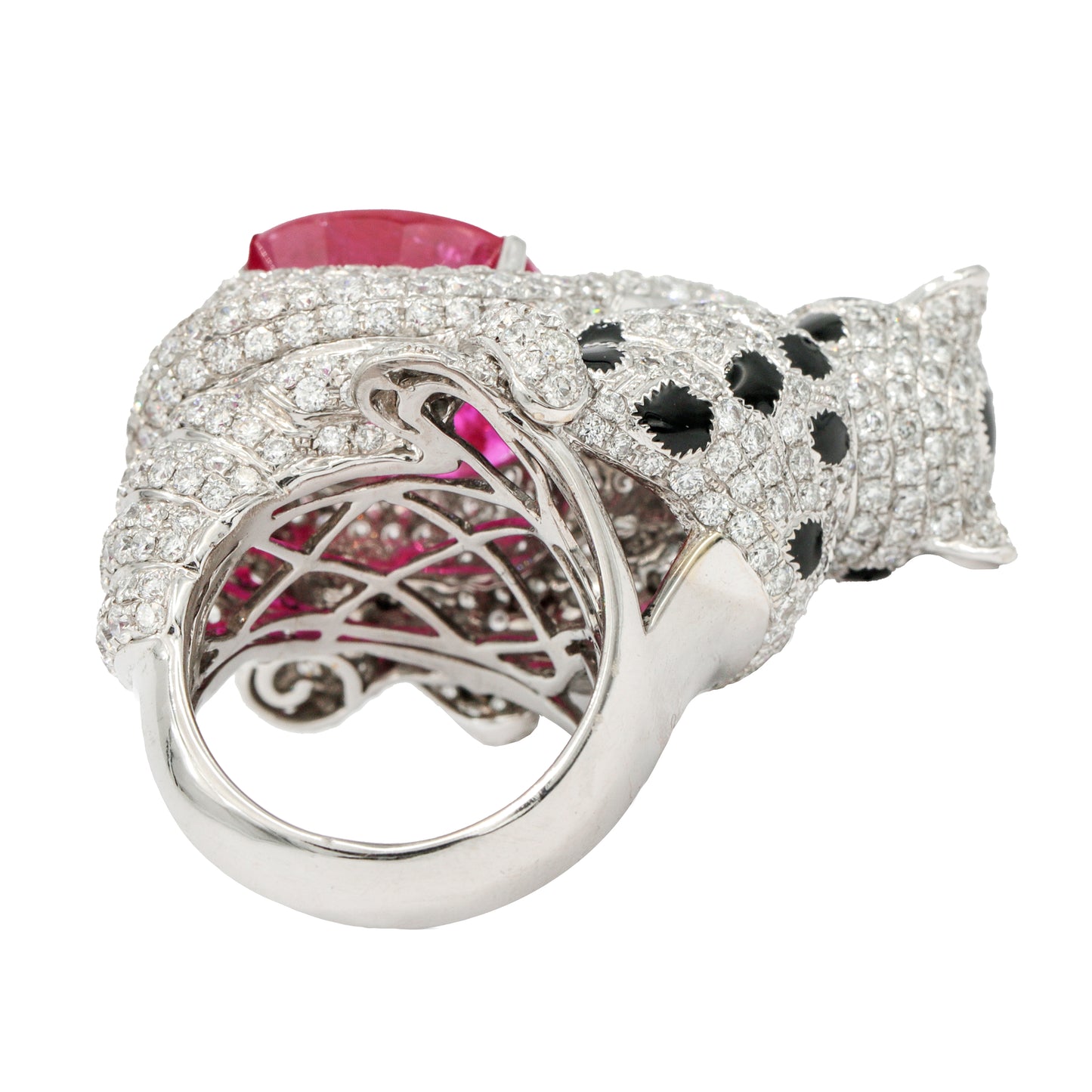 18k White Gold Panther Statement Ring with Large Ruby and Pave Diamonds