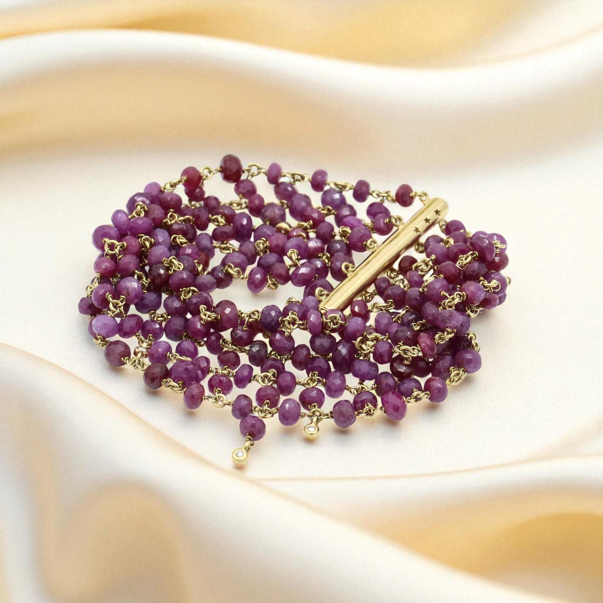 H. Stern Vintage Ruby Faceted Bead & Diamond Mesh Bracelet 18K Yellow Gold