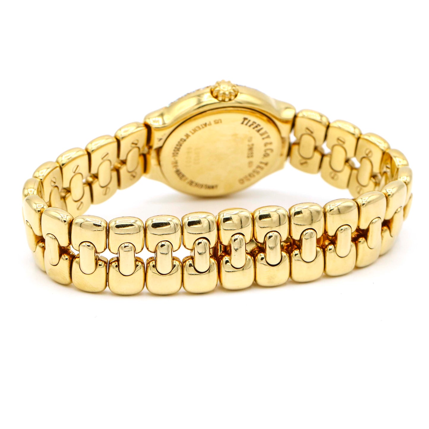 Tiffany &amp; Co. Reloj Tesoro de oro de 18 quilates para mujer con bisel y esfera de diamantes