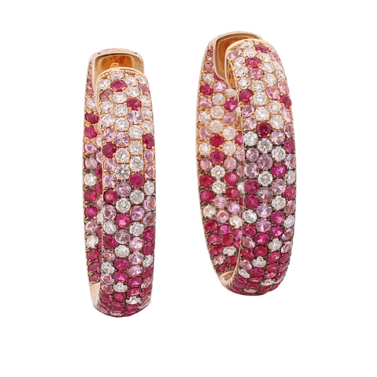 18k Rose Gold Hoop Earrings Inside-Out Diamond Pink Sapphire Ruby