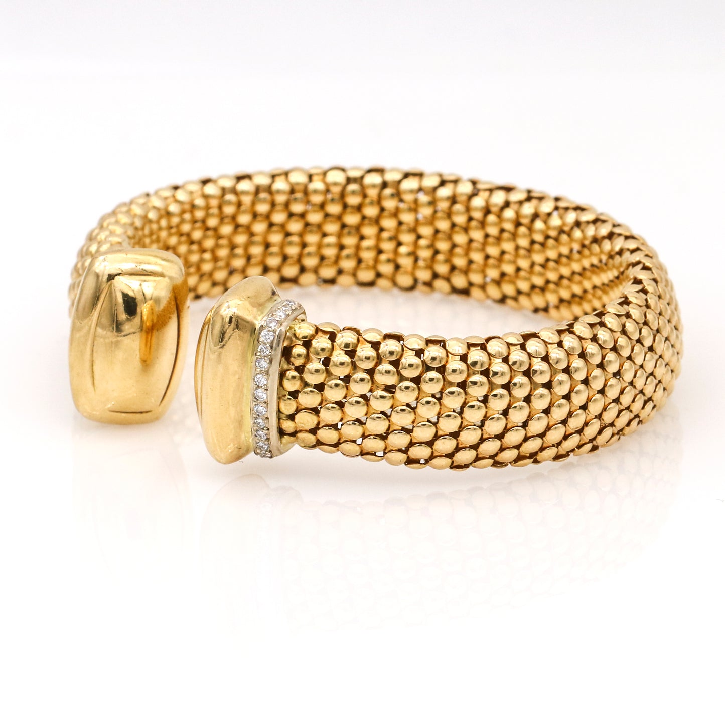 Women's Diamond Italian 18k Yellow Gold Caviar Cuff Bangle Bracelet