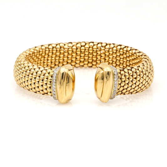 Women's Diamond Italian 18k Yellow Gold Caviar Cuff Bangle Bracelet