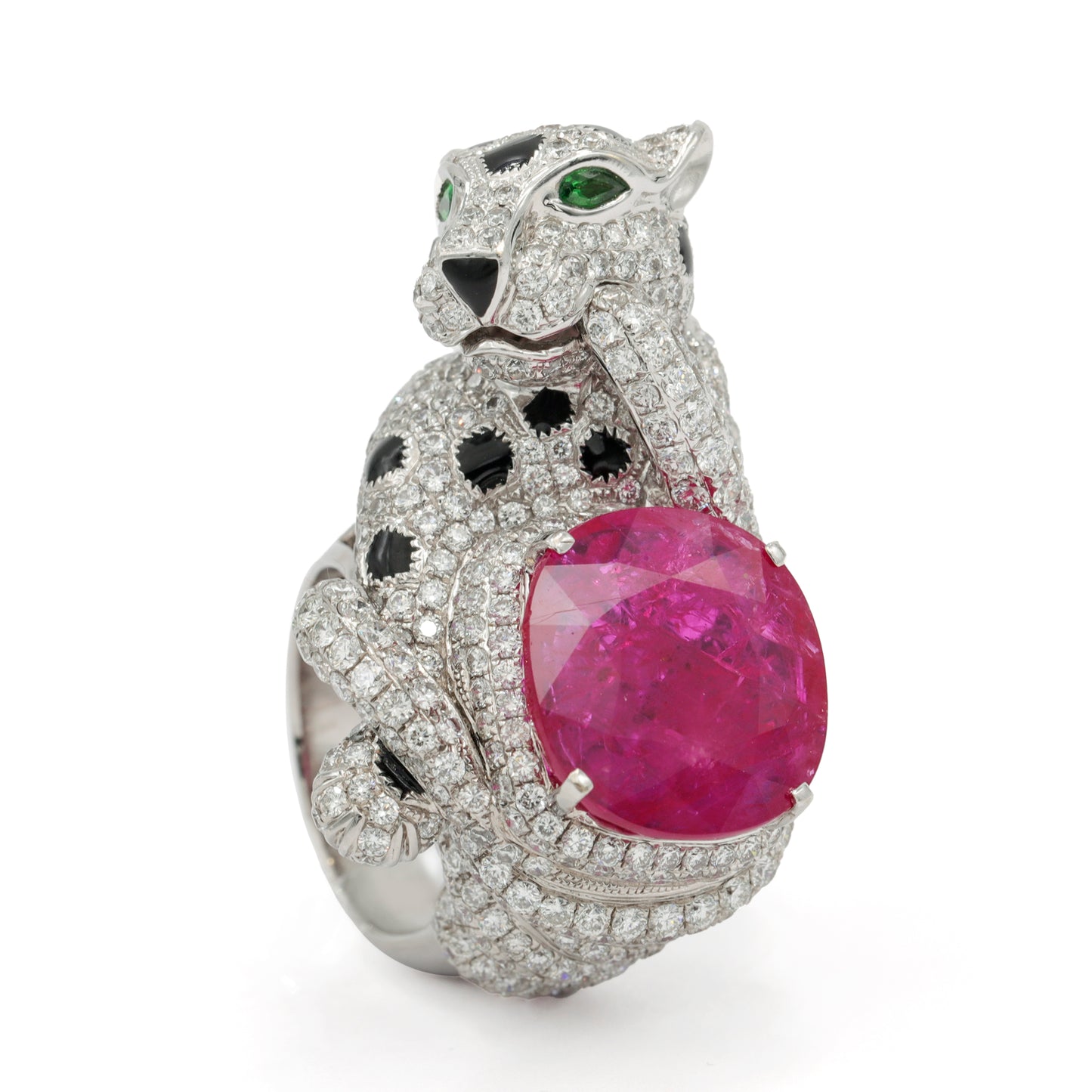 18k White Gold Panther Statement Ring with Large Ruby and Pave Diamonds
