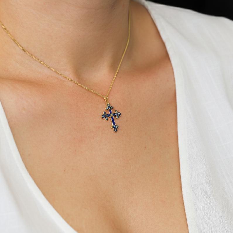 Vintage Blue Enamel Cross Necklace in 14k Yellow Gold 16 Inch