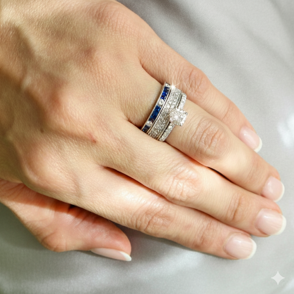 18K White Gold Blue Sapphire & Diamond Milgrain Anniversary Band 1.40ct Size 7