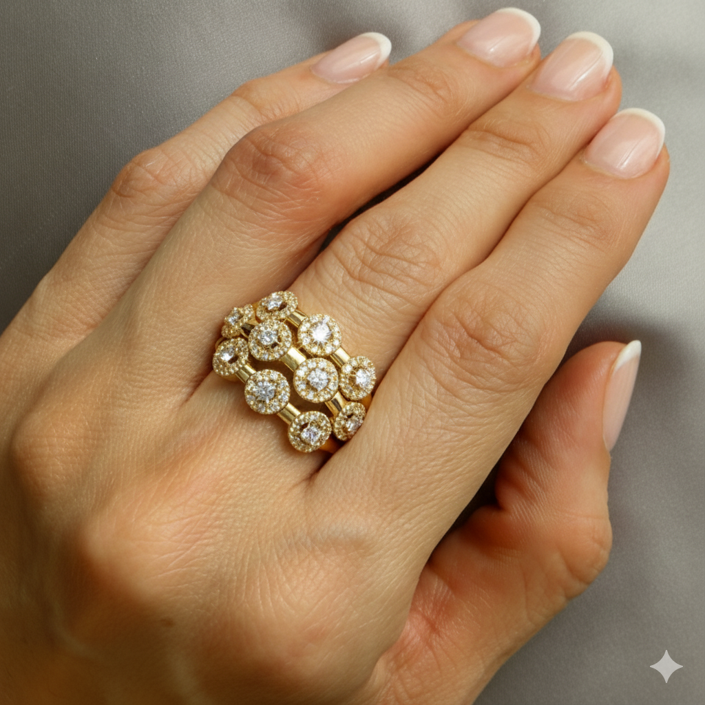 Sonia B 14K Yellow Gold Three-Row Diamond Wide Band Ring 1.52 ct Size 10