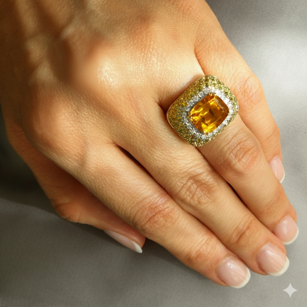 Garavelli Milano 18k Yellow Gold Citrine & Diamond Statement Ring Size 5.75