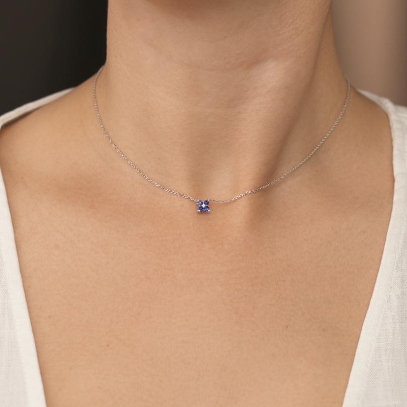 18k White Gold Blue Sapphire Station Necklace with Diamond Accent 16 Inch