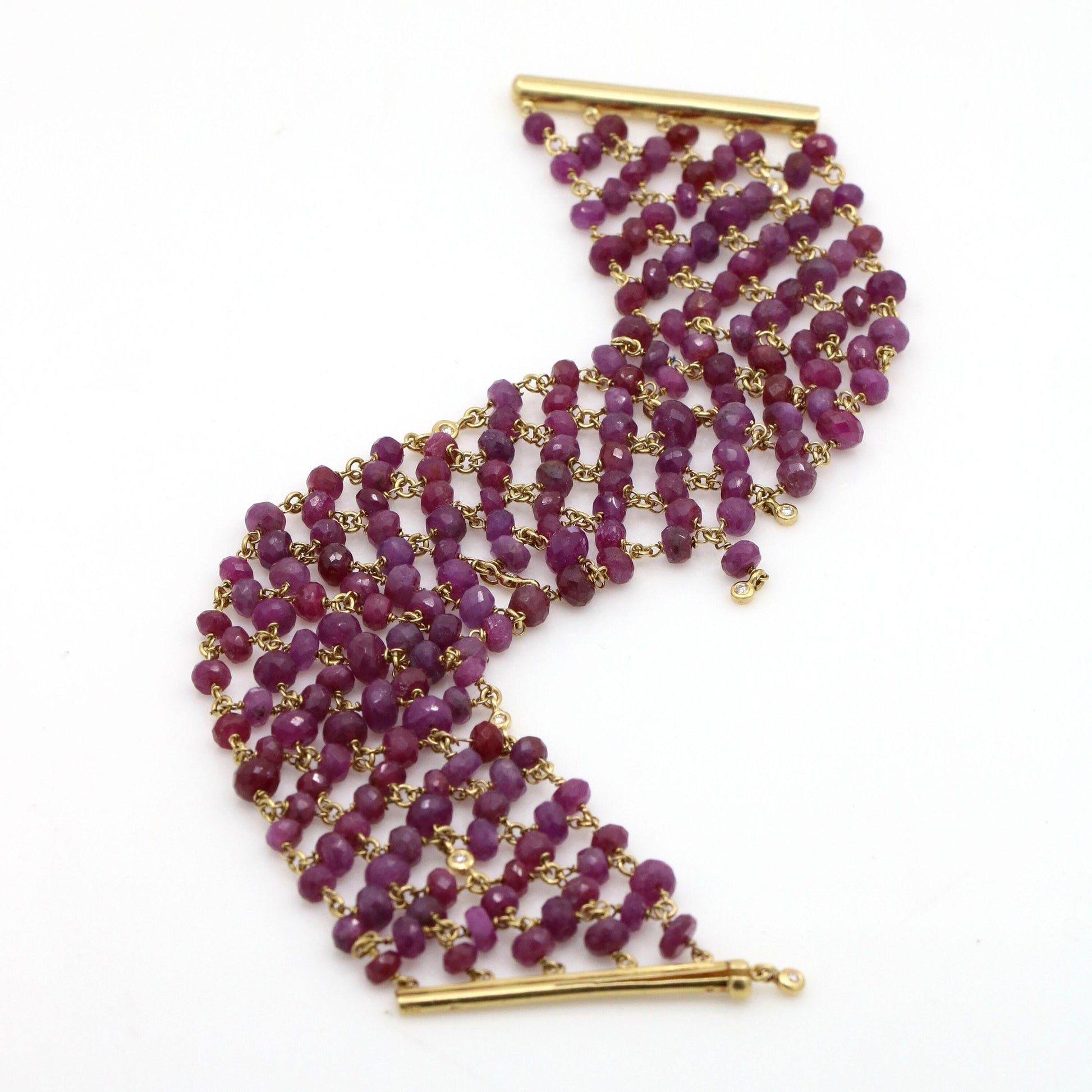 H. Stern Vintage Ruby Faceted Bead & Diamond Mesh Bracelet 18K Yellow Gold
