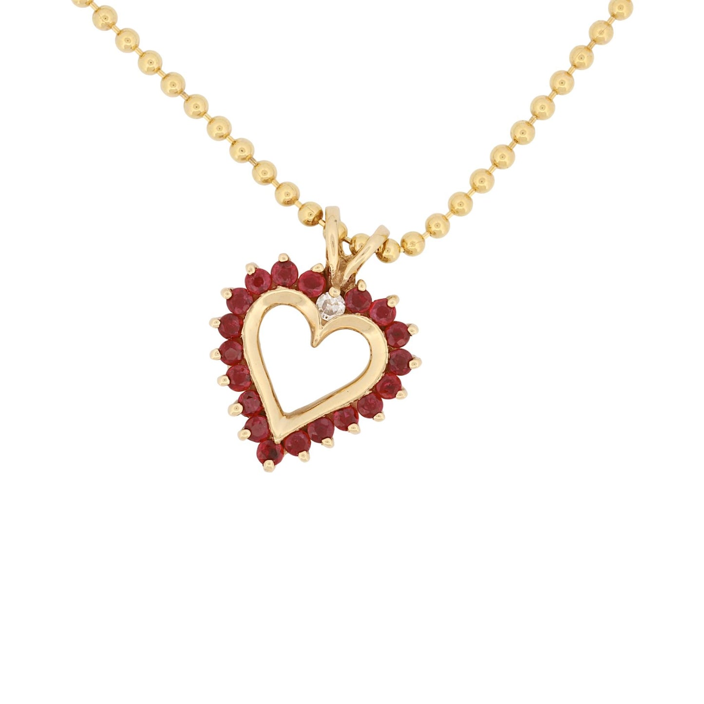Vintage 14k Yellow Gold Heart Pendant Necklace with Red Gemstones & Diamond