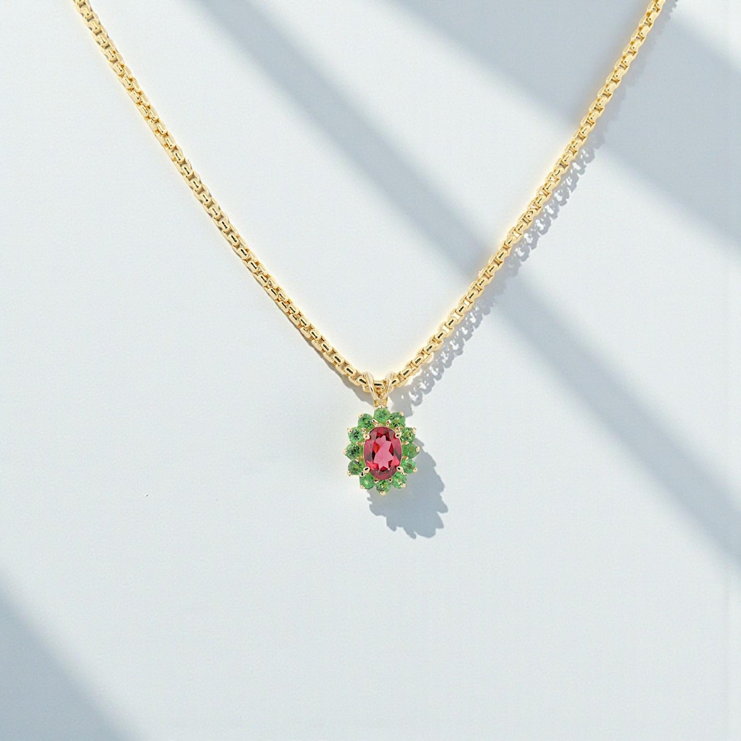 Vintage 14k Yellow Gold Pink & Green Gemstone Halo Pendant Necklace