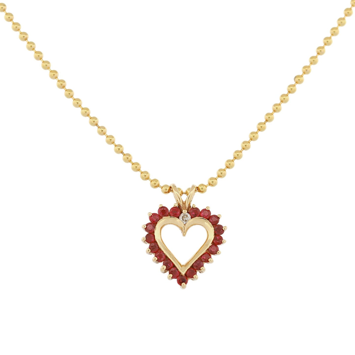 Vintage 14k Yellow Gold Heart Pendant Necklace with Red Gemstones & Diamond